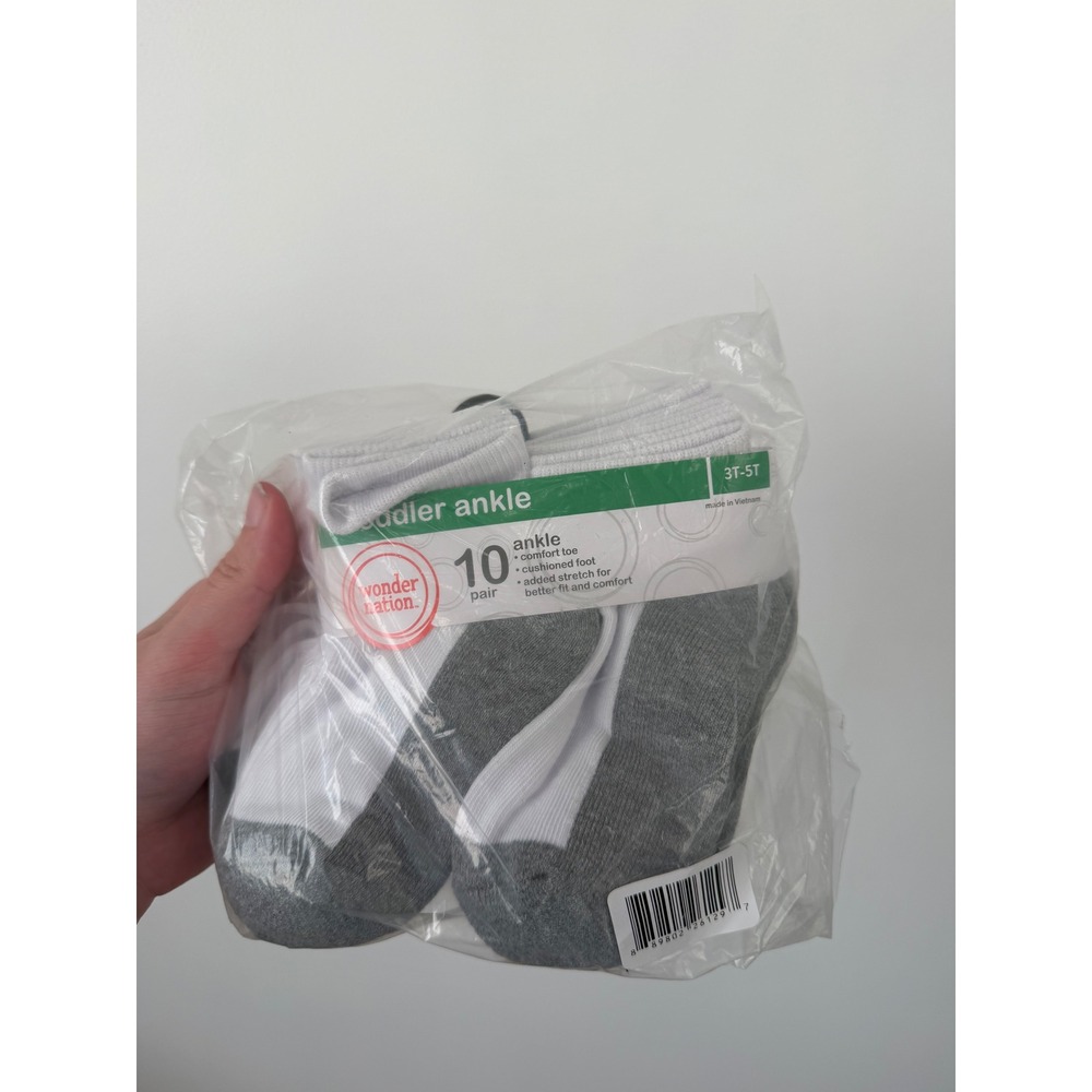 Wonder Nation Toddler Ankle Socks – 10 Pairs – White/Grey – Size 3T–5T – NWT